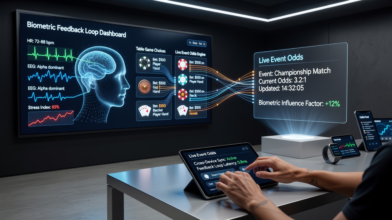 Mobile interface displaying synchronized biometric data overlays on live sports odds next to table game summaries