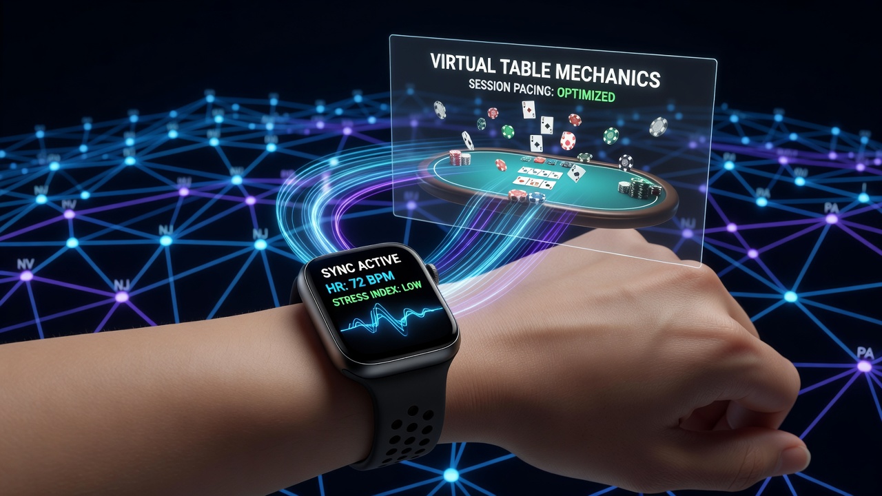 Biometric wearable device syncing with virtual poker table interface on a mobile screen during a live wagering session