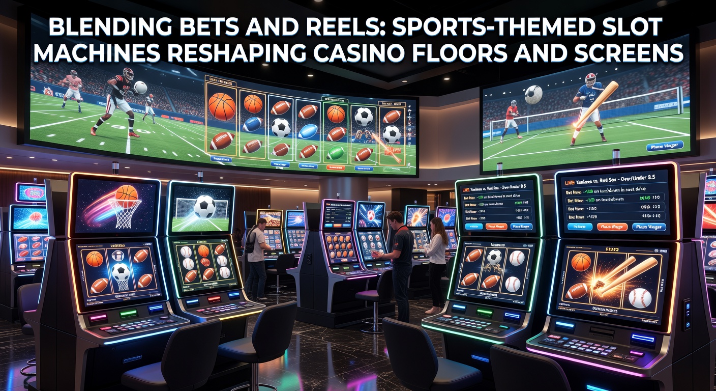 Vibrant casino floor featuring sports-themed slot machines with basketball hoops and football symbols lighting up amid cheering crowds