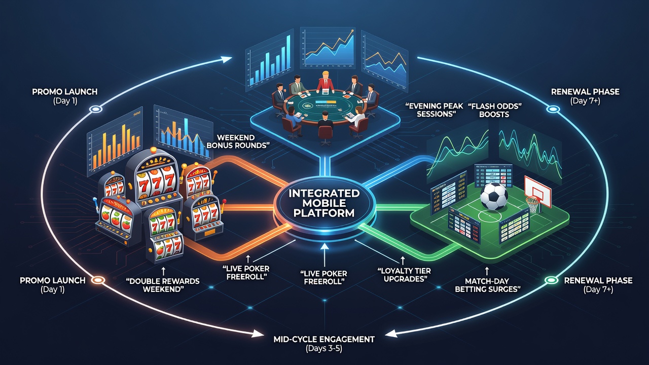 Mobile app interface showing integrated slot machines, live poker tables, and sports wagering sections with promotional banners active