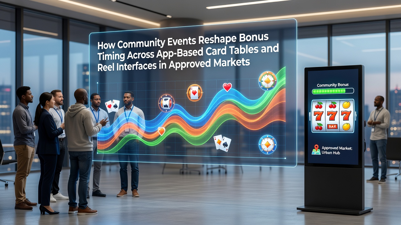 App-based card table and reel interface showing community event bonus timing adjustments on mobile screens
