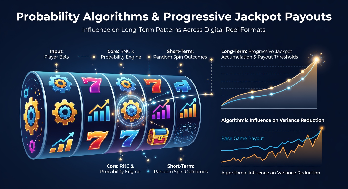 Illustration of probability algorithms calculating jackpot triggers across connected digital slot machines with reel symbols and data flows
