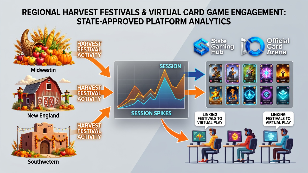 Mobile screen displaying virtual card game interface alongside festival schedule notes on a tablet in a rural setting