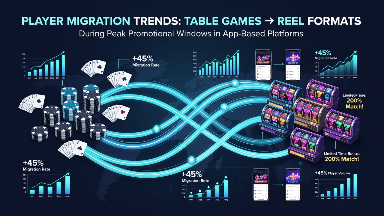Visualization of player migration patterns between table games and reel formats on mobile platforms during promotional periods