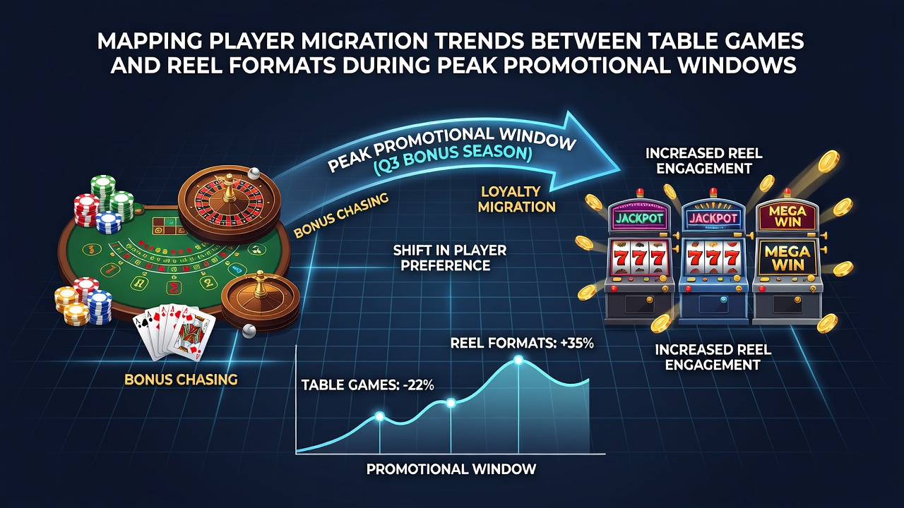 Chart displaying session migration data between table games and slots across promotional windows