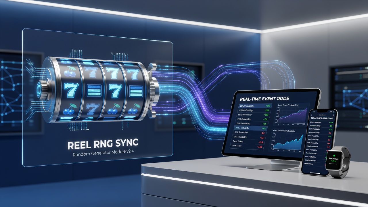 Technical diagram showing random number generator synchronization between slot reels and live event odds in a cross-device gambling application interface