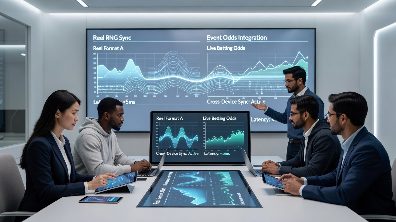 Cross-device synchronization flow illustrating RNG state transfer between mobile and desktop platforms alongside live odds updates