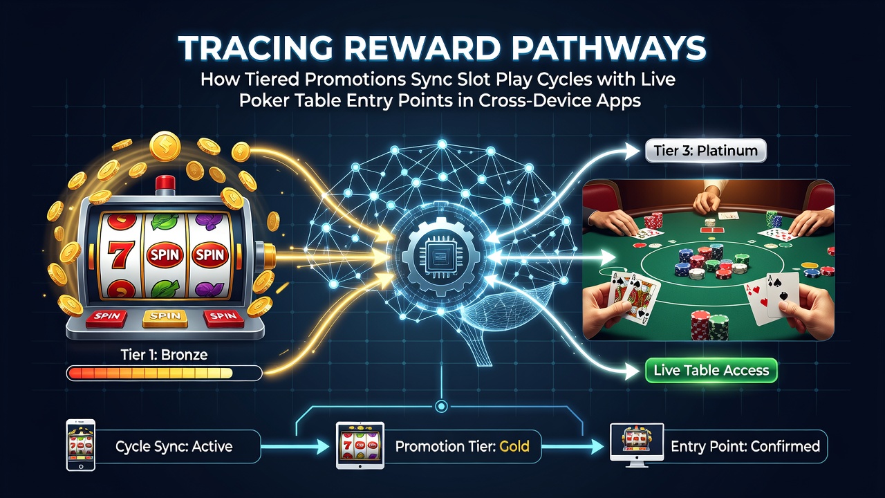 Diagram showing tiered promotion pathways connecting slot cycles to poker entries in cross-device apps