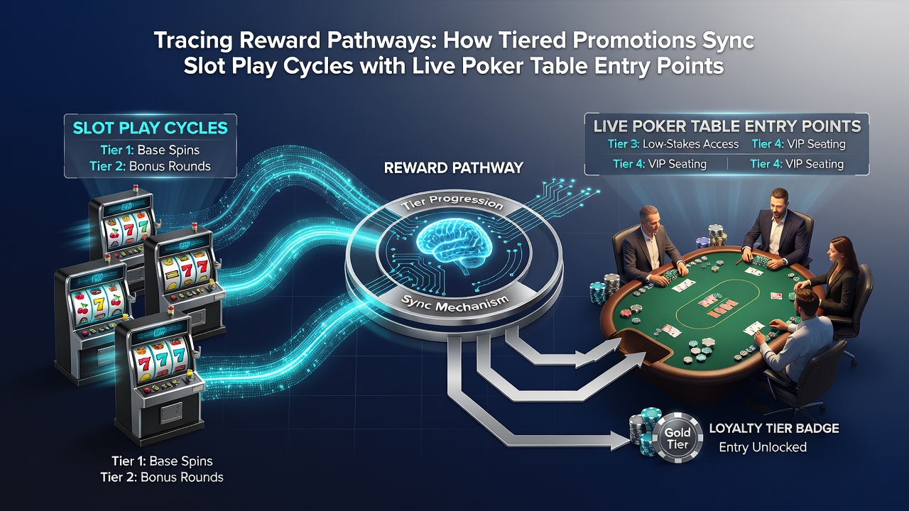 Screenshot of cross-device app interface displaying synced slot rewards converting to poker table entry