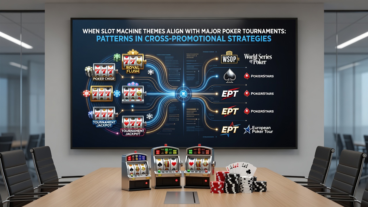 Casino marketing materials showing slot and poker tournament cross-promotion